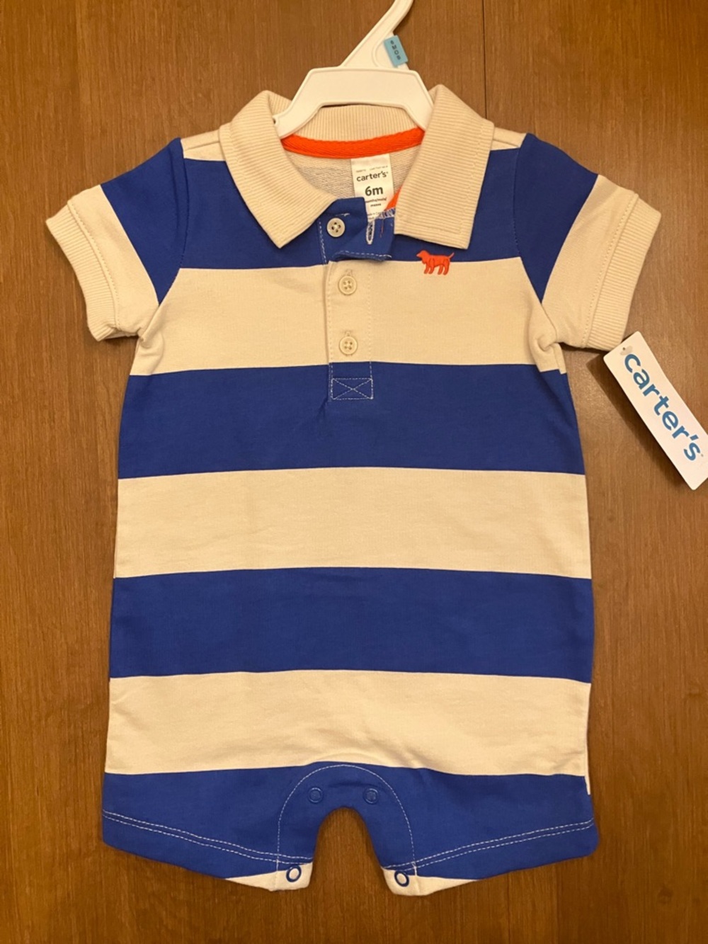 6M Blue & Cream Striped Polo Romper